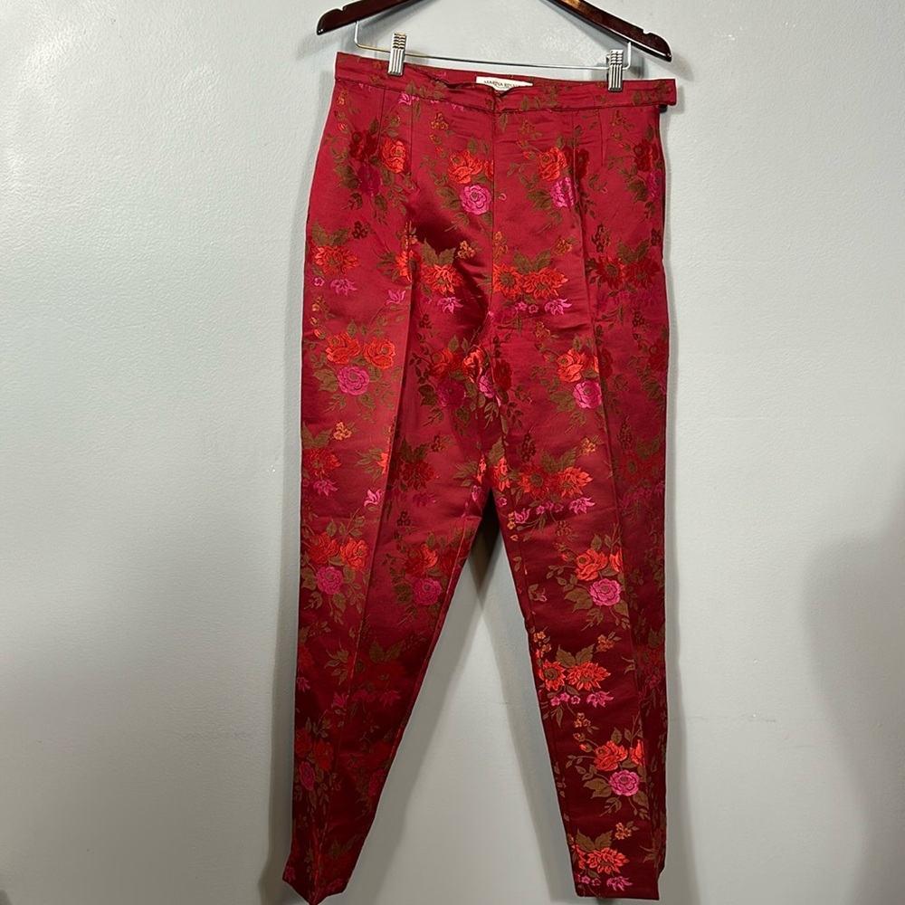 MARINA RINALDI Floral Metallic Jacquard wool acetate Pants in Burgundy waist 30